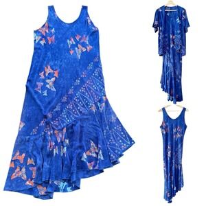 VTG 90s Blue Asymmetrical Maxi Dress‎ 2 PC Nautical Beach Butterfly Fairy Boho L